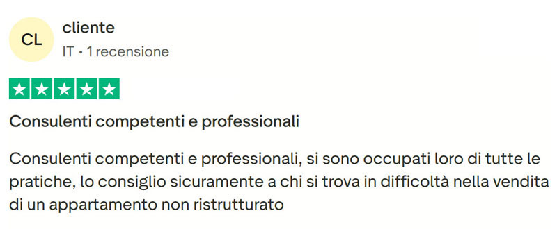 Recensione cliente VendiRistrutturato su Trustpilot