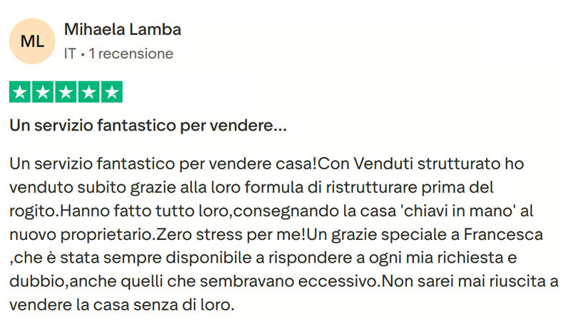 Recensione cliente VendiRistrutturato Mihaela Lamba su Trustpilot