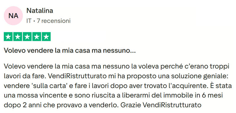Recensione cliente VendiRistrutturato Natalina su Trustpilot
